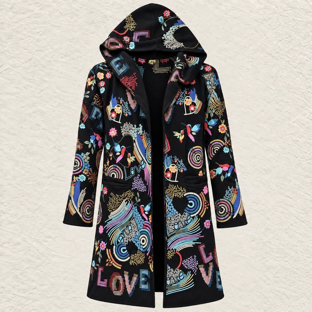 Johnny Was Embroidered Hooded Cardigan Black Floral Love BIYA COAT B57724-9 Sz
